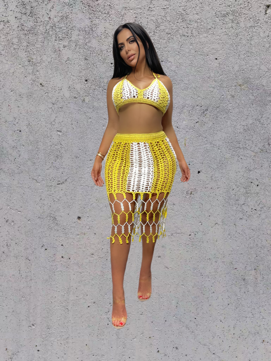 Tia Crochet Fringed Skirt Set Yellow