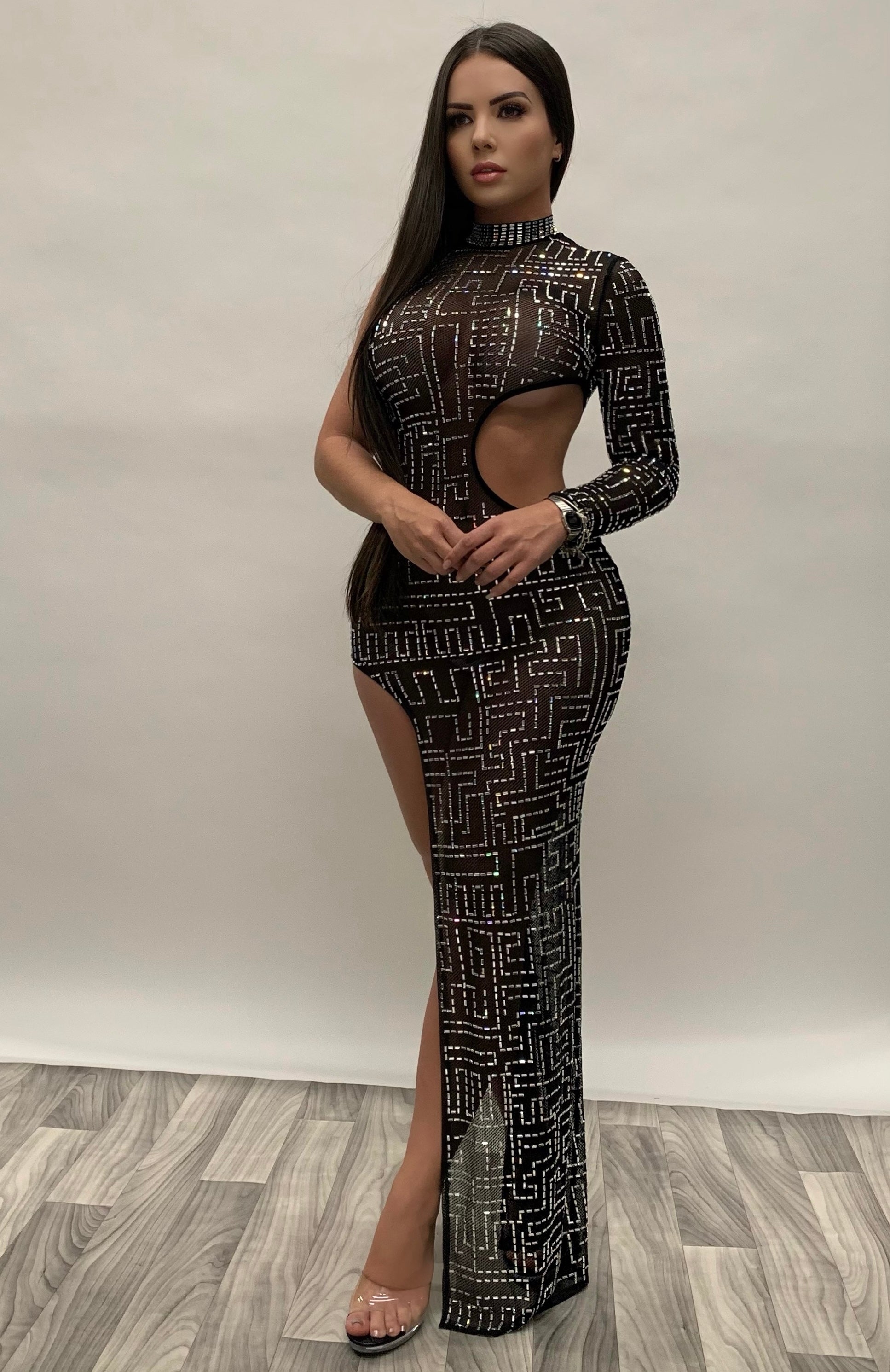 One Sleeve High Neck Crystal Dress  Gabbiano Los Angeles